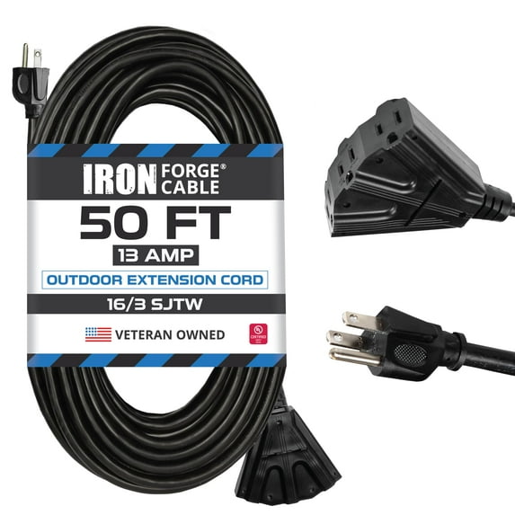 Iron Forge Cable 50 Ft Black Extension Cord with 3 Outlets - 16/3 SJTW 50 Foot Extension Cord 3 Prong, Weatherproof Exterior Power Cable for Outdoor