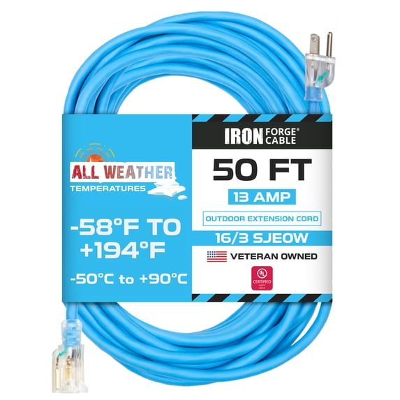 Iron Forge Cable 50 Ft All Weather Extension Cord - Stays Flexible in Extreme Cold & Hot Temperatures from -58°F to +194°F - 16/3 SJEOW Lighted Outdoor Extension Cord