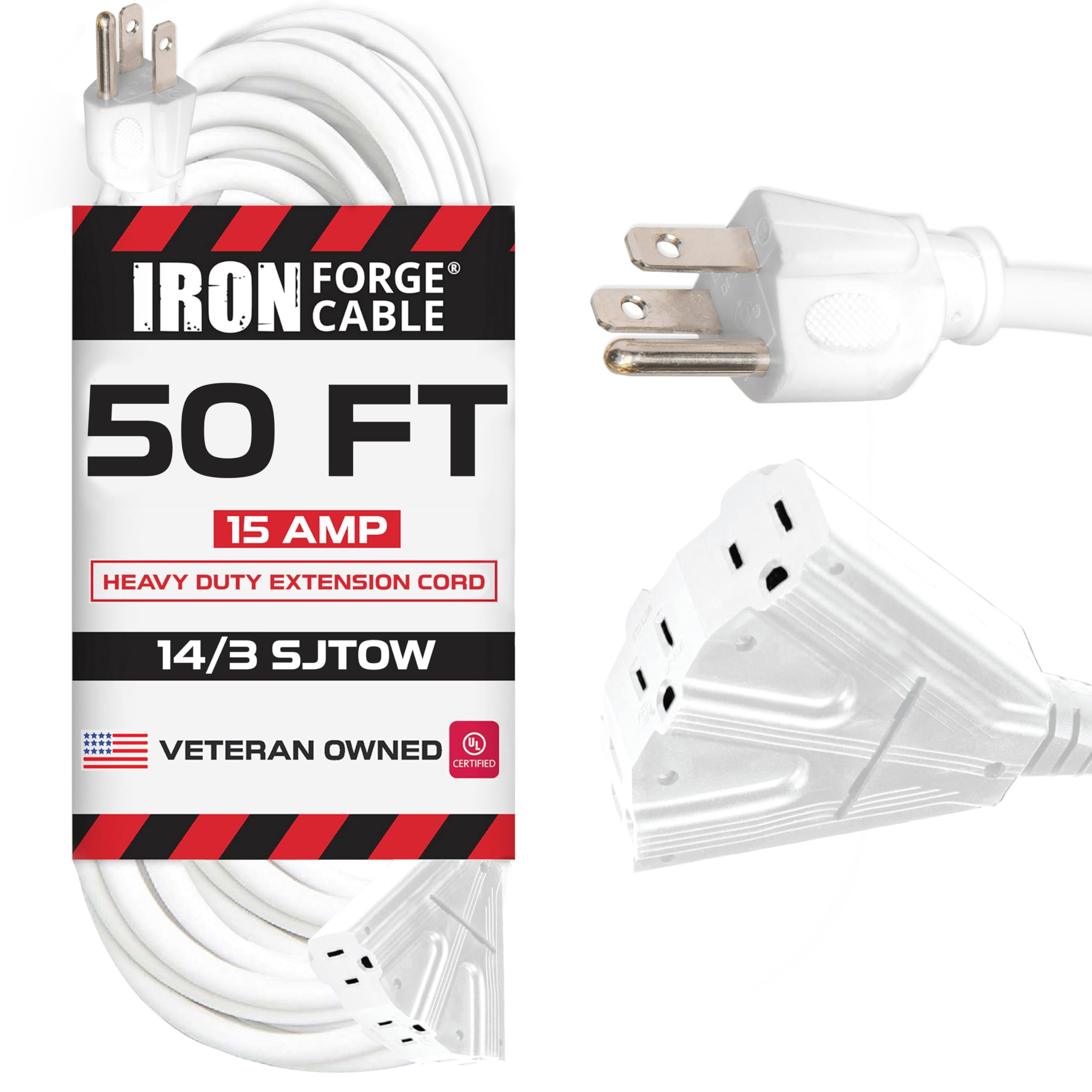 Iron Forge Cable 50ft White Outdoor Extension Cord with 3 Outlets - 14/3 SJTOW Oil Resistant 15 Amp 50ft Extension Cord 3 Prong - Multiple Outlets