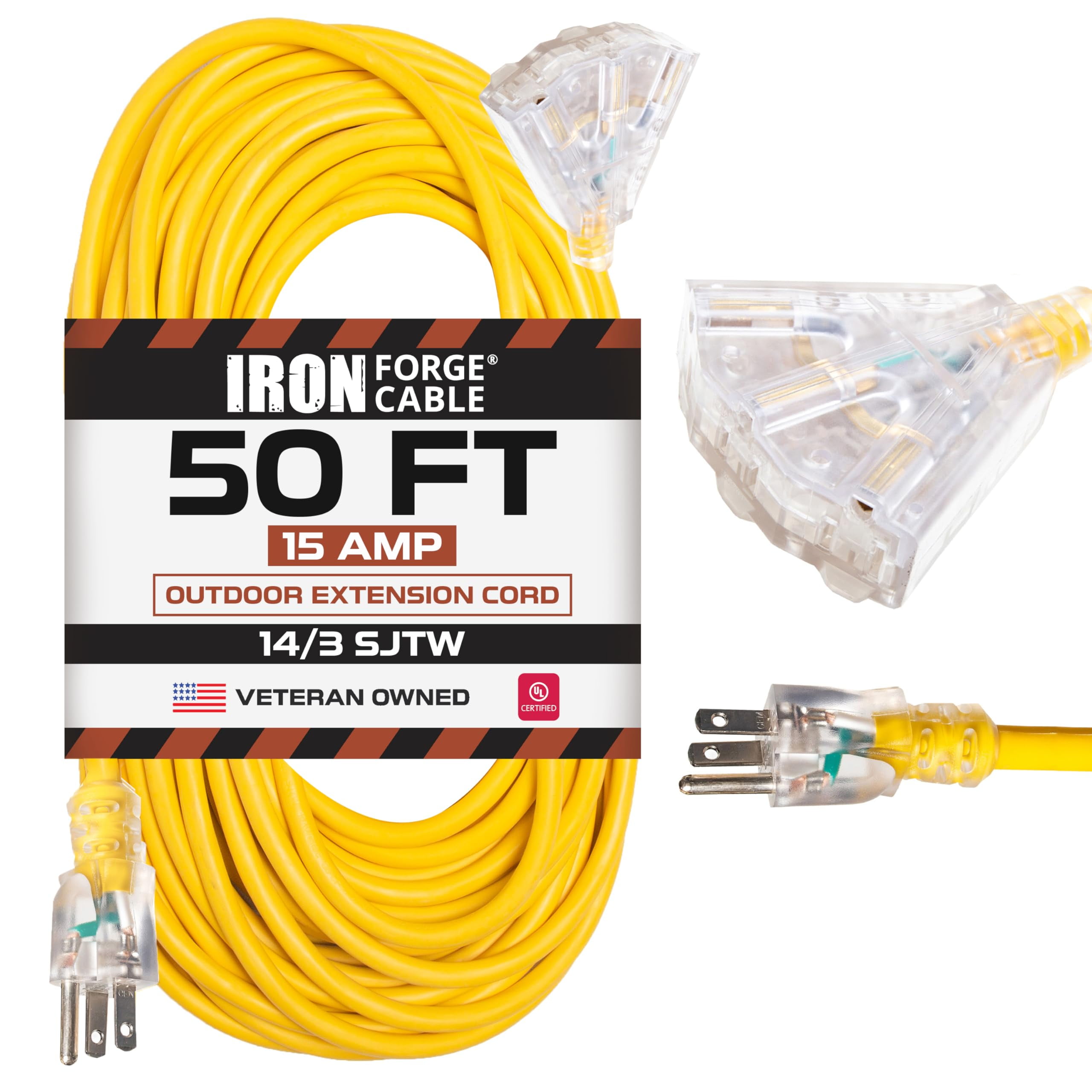 Iron Forge Cable 50ft Yellow Outdoor Extension Cord with 3 Outlets - 14 ...