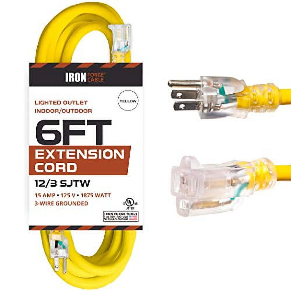 Iron Cable 6 Foot Lighted Outdoor Extension Cord 12/3 SJTW Heavy Duty Yellow Extension
