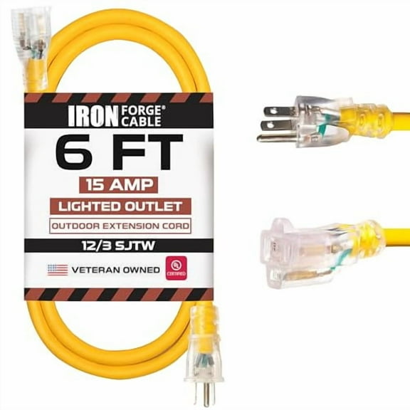 IRON FORGE CABLE 6 Foot Lighted Outdoor Extension Cord - 12/3 SJTW Heavy Duty Yellow Extension Cable with 3 Prong Grounded Plug for Safety, 15 AMP - Great for Garden and Major Appliances