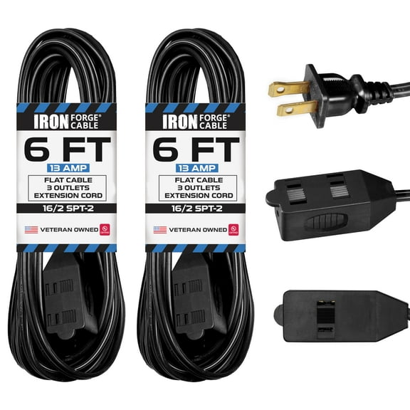 Iron Forge Cable 2 Pack 6 ft Black Extension Cord with 3 Outlets - 16/2 SJTW 2 Prong Indoor Extension Cord with Multiple Outlets