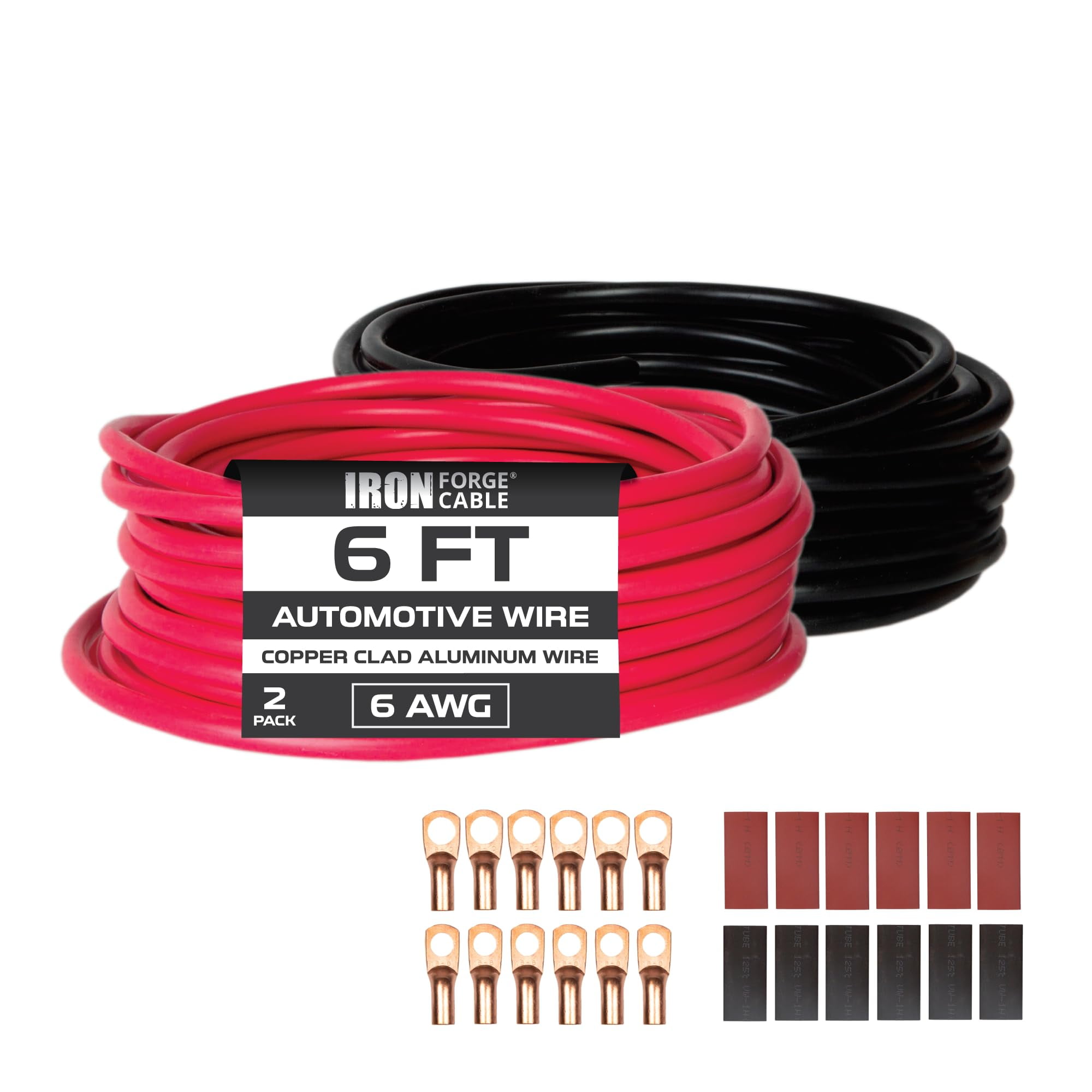 Iron Forge Cable 6 Gauge Wire - 2 Pack 6ft Copper Clad Aluminum Primary Cable 6 AWG Heavy Duty with Wire Lug Terminal Connectors and Heat Shrink Tube