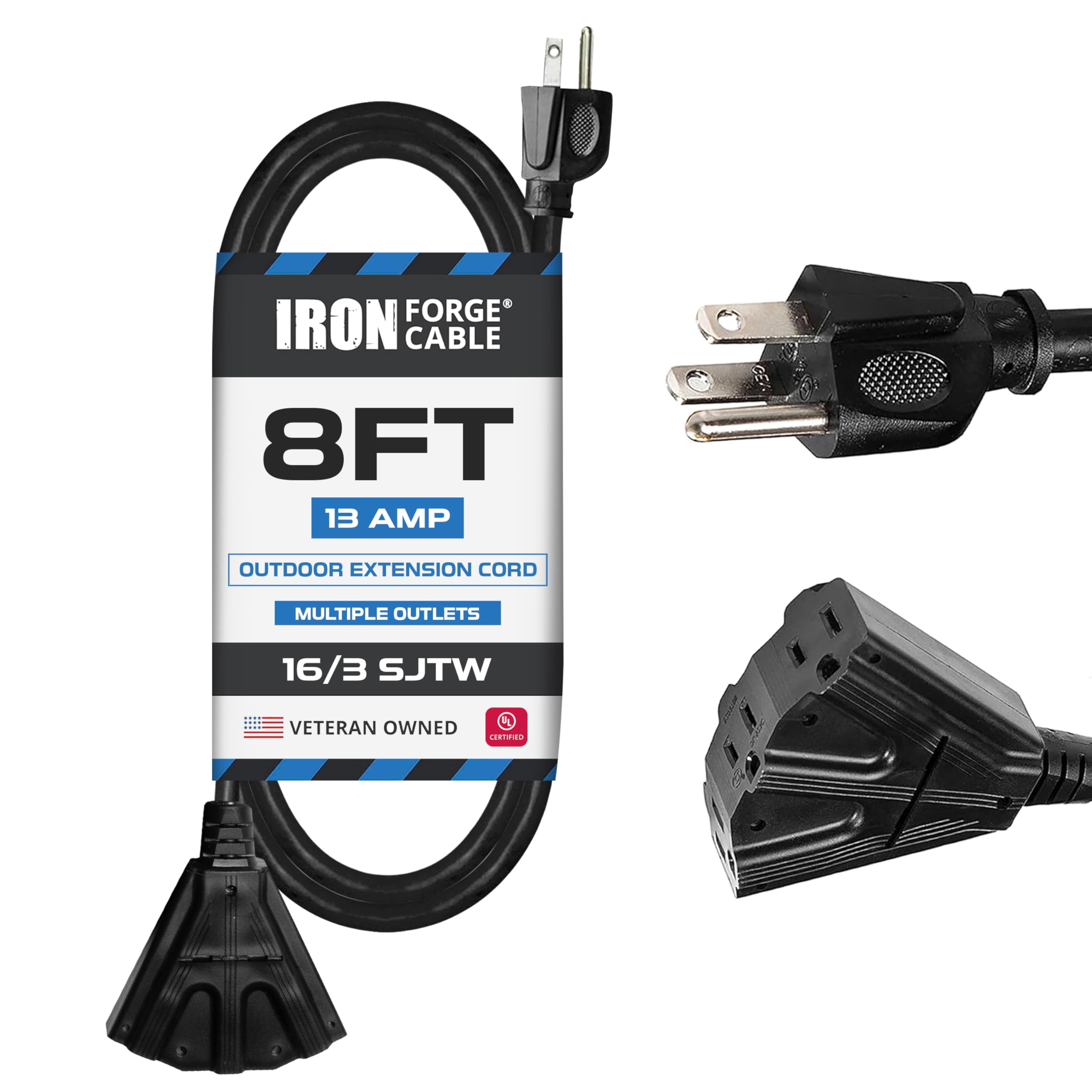 Cableforge Iron Forge Cable 8 Ft Black Extension Cord with 3 Outlets - 16/3 SJTW 8 ...
