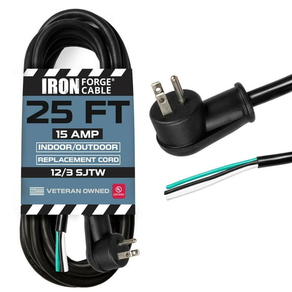 Iron Forge Cable Flat Plug 12 Gauge Power Cord Replacement - 25ft,15 Amp Black Heavy Duty, 12/3 SJT 3 Prong Cable for Appliances & Power Tools