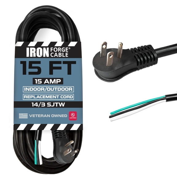 Iron Forge Cable Flat Plug 14 Gauge Power Cord Replacement - 15ft,15 Amp Black Heavy Duty, 14/3 SJT 3 Prong Cable for Appliances & Power Tools
