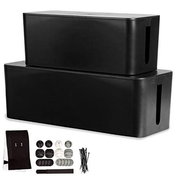 Large Cable Management Box - Black Cord Organizer and Hider for Wires, Power Strips, Surge Protectors & More - Includes Cable Sleeve, Hook and Loop Keepers, Zip Ties & Clips