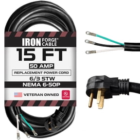 Iron Forge Cable NEMA 6-50 Extension Cord with Open End - 15ft 50 Amp EV Power Cord with Eyelet, 6/3 Gauge Replacement Cable - NEMA 6-50 Plug STW