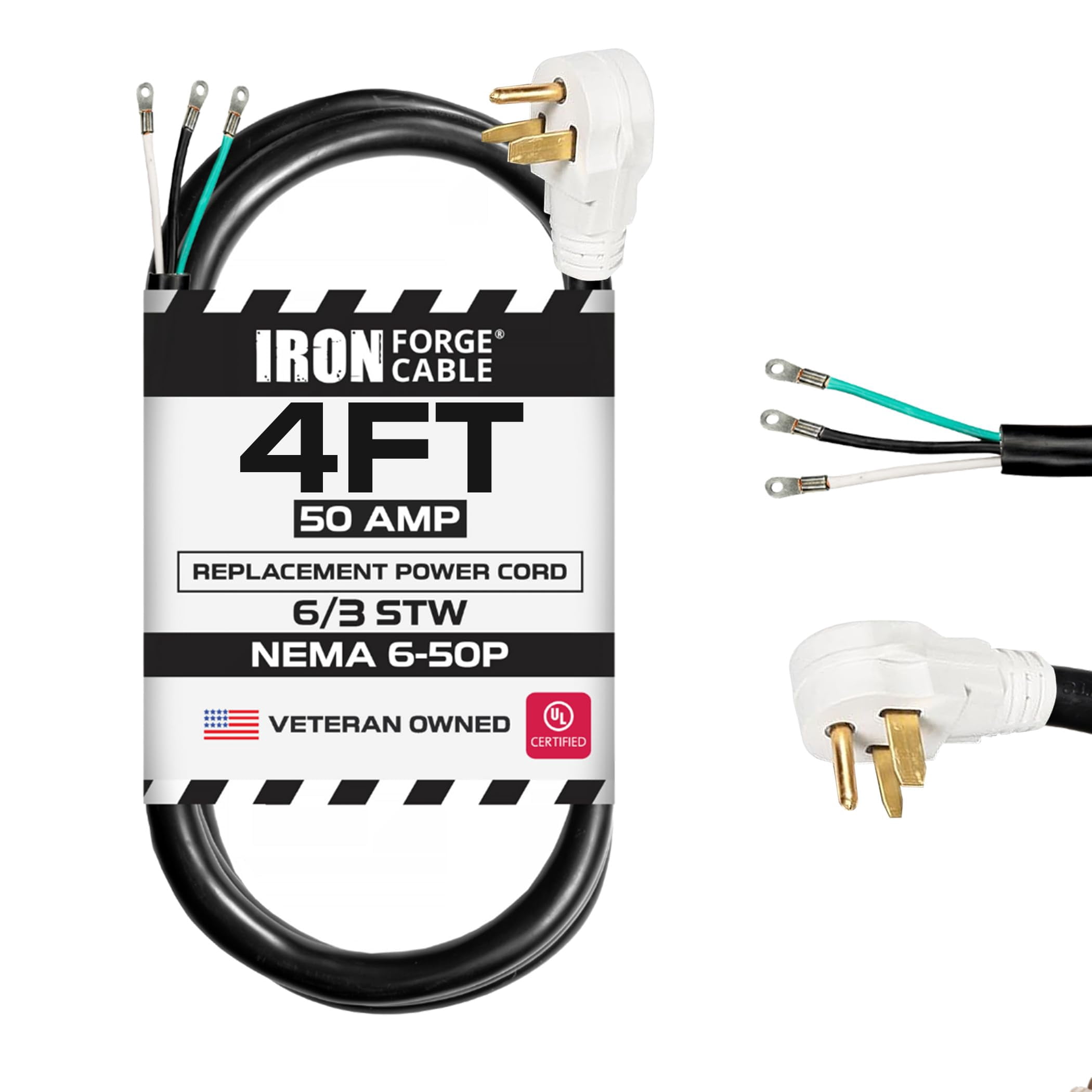 Iron Forge Cable NEMA 6-50 Extension Cord with Open End - 4ft 50 Amp EV Power Cord with Eyelet, 6/3 Gauge Replacement Cable - NEMA 6-50 Plug STW