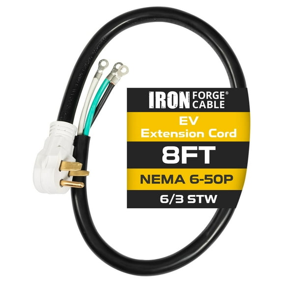 Iron Forge Cable NEMA 6-50 Extension Cord with Open End - 8ft 50 Amp EV Power Cord with Eyelet, 6/3 Gauge Replacement Cable - NEMA 6-50 Plug STW