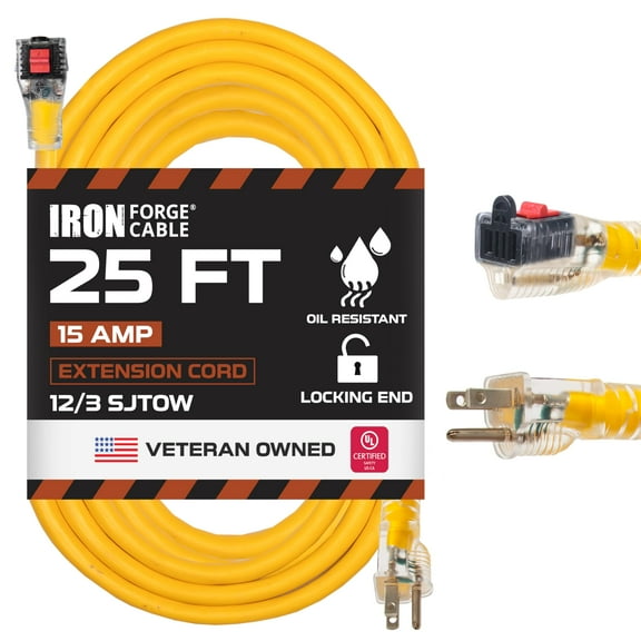 Iron Forge Cable Oil Resistant 12 Gauge Outdoor Extension Cord 25 ft with Locking Ends - 12/3 Heavy Duty Extension Cord 3 Prong, Yellow Cable 15 Amp