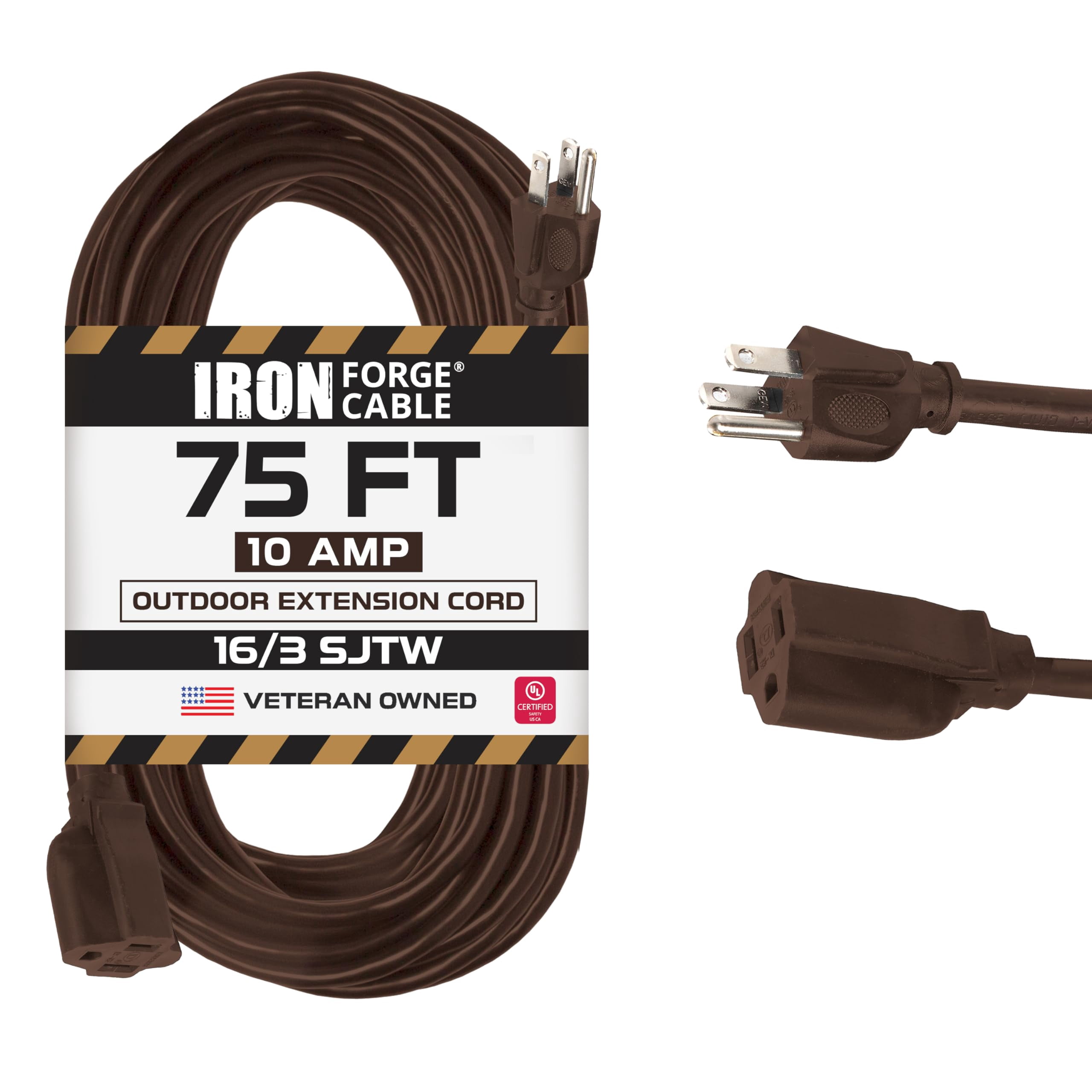 Iron Forge Cable Outdoor Brown Extension Cord 75 ft - 16 Gauge 10 Amp Heavy Duty Brown Outdoor Extension Cords 3 Prong - 16/3 SJTW Great for Outdoor