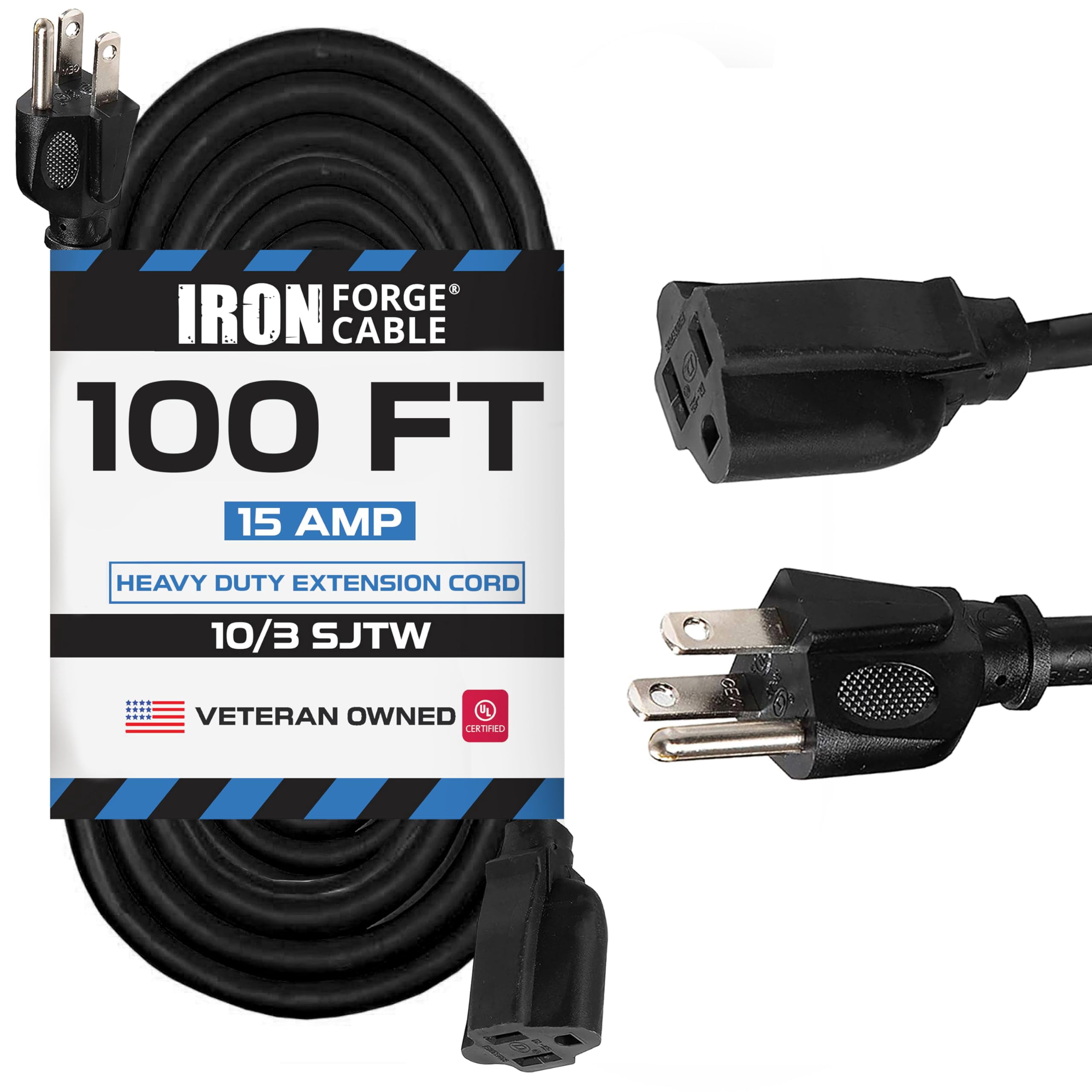 Iron Forge Cable 100 ft Outdoor Extension Cord - 10/3 SJTW Heavy Duty Black Extension Cable with 3 Prong 15 AMP Grounded Plug for Safety