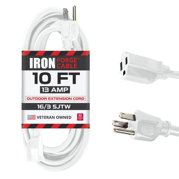 Iron Forge Cable Weatherproof 10 Ft Outdoor Extension Cord - 16/3 SJTW Heavy Duty White Extension Cord 3 Prong - 13 Amp Exterior Power Cable
