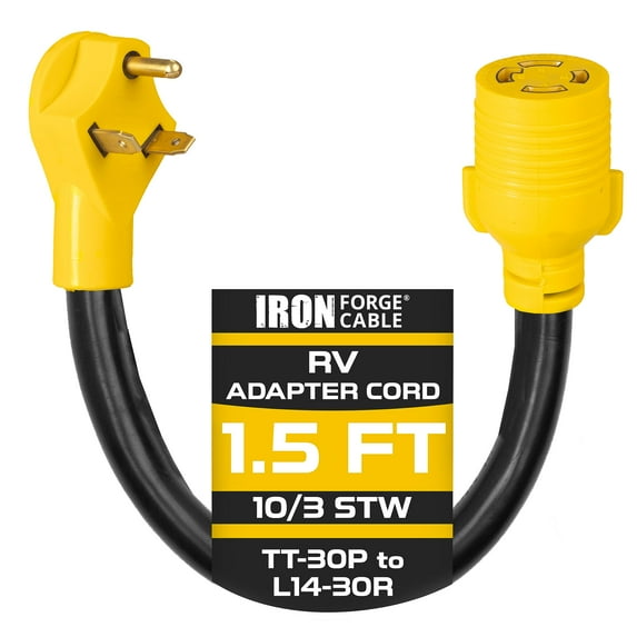 Iron Forge Cable RV Cord, Generator and RV Electrical Adapter Power Cord, TT-30P Male Plug to L14-30R Female, 1.5ft Plug Adapter - 10/3 STW Yellow