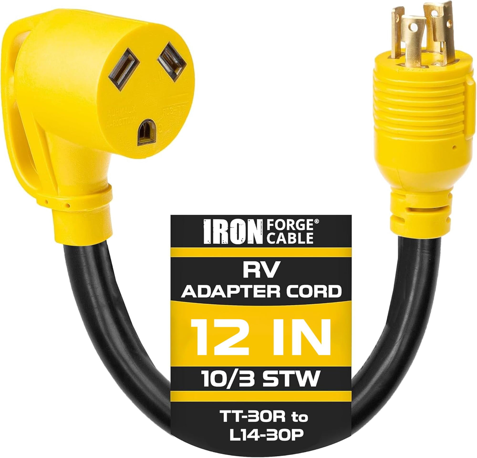 Iron Forge Cable RV Cord, Generator and RV Electrical Adapter Power Cord, TT-30R Female Plug to L14-30P Male, 12 inch Plug Adapter - 10/3 STW Yellow