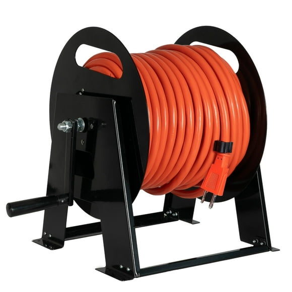 Iron Forge Cable RV Power Cord Reel Metal - Heavy Duty Extension Cord Reel, Holds 50ft 50 Amp RV Wire - Ball Bearing Spin, Powder-Coated Black Steel Frame, Floor or Wall Mountable Base