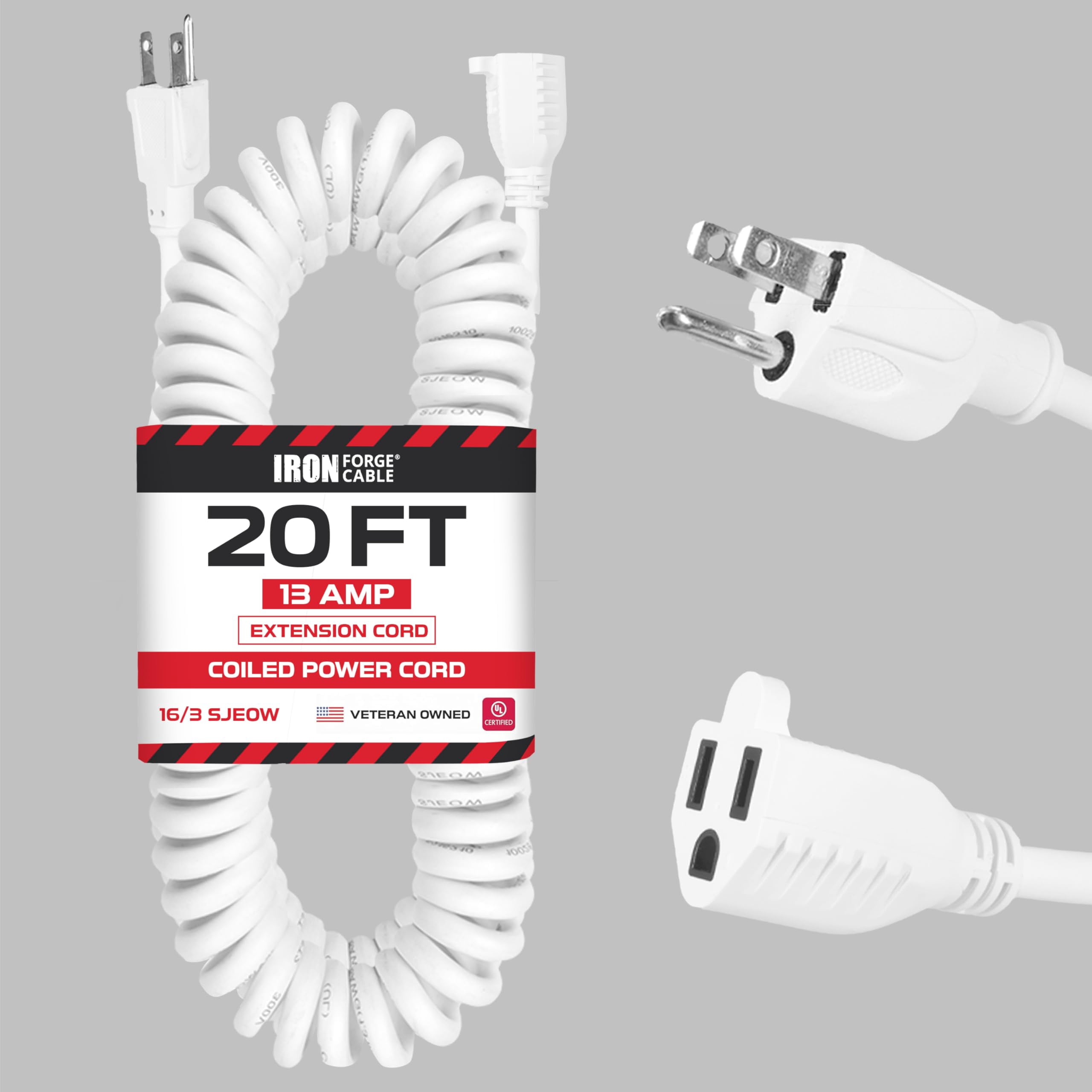 Iron Forge Cable SJEOW White Outdoor Coiled Extension Cord 20 ft,16/3, 13 Amp Oil Resistant & Flame Retardant 3 Prong Coiled Electrical Wire for Outdoor & Indoor
