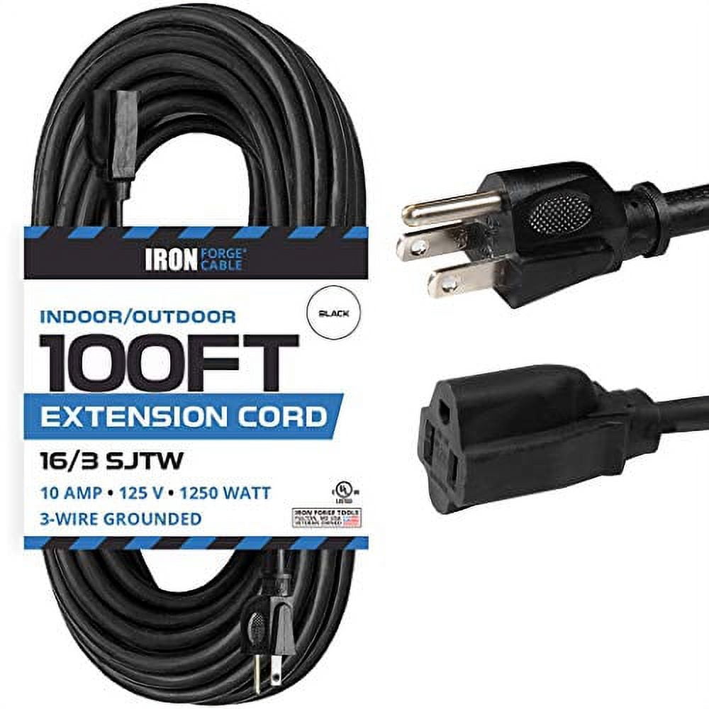 Iron Forge Cable 100 Ft Black Extension Cord, 16/3, 100 Foot Extension Cord, 3 Prong, Weatherproof - Great for Outside Use