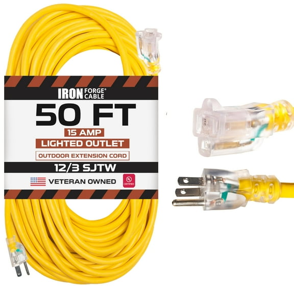 Iron Forge Cable 50 Foot Lighted Outdoor Extension Cord - 12/3 SJTW Heavy Duty Yellow Extension Cable with 3 Prong 15 AMP Grounded Plug for Safety