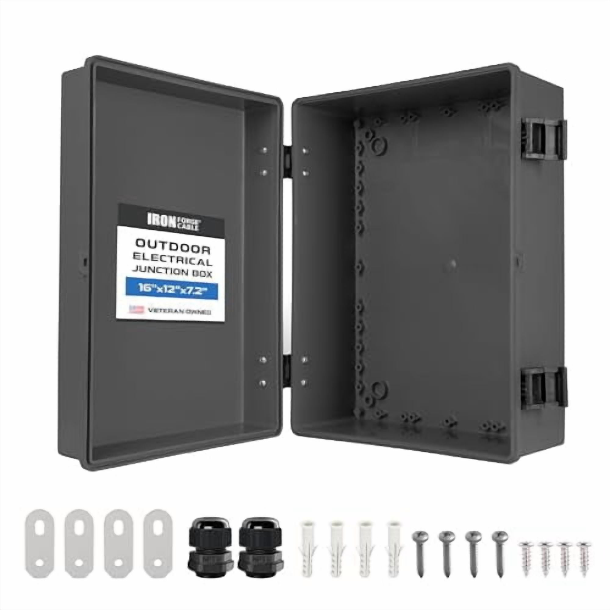 Iron Forge Cable Waterproof Junction Box Extra Large, Outdoor Electrical Enclosure with Complete Accessories, ABS Plastic Project Boxes Weatherproof Hinged Black Panel Cover IP65, 16" x 12" x 7.2" in