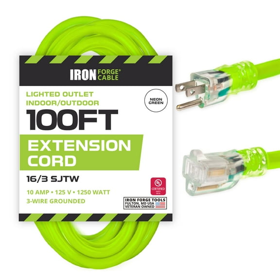 Iron Forge Cable Weatherproof 100 Ft Outdoor Extension Cord - 16/3 SJTW 13 Amp Heavy Duty Neon Green High Visibility Cable with 3 Prong - Lighted End