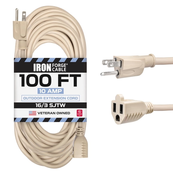 Iron Forge Cable Weatherproof 100 Ft Outdoor Extension Cord - 16/3 SJTW Heavy Duty Light Brown Extension Cord 3 Prong - 10 Amp Exterior Power Cable