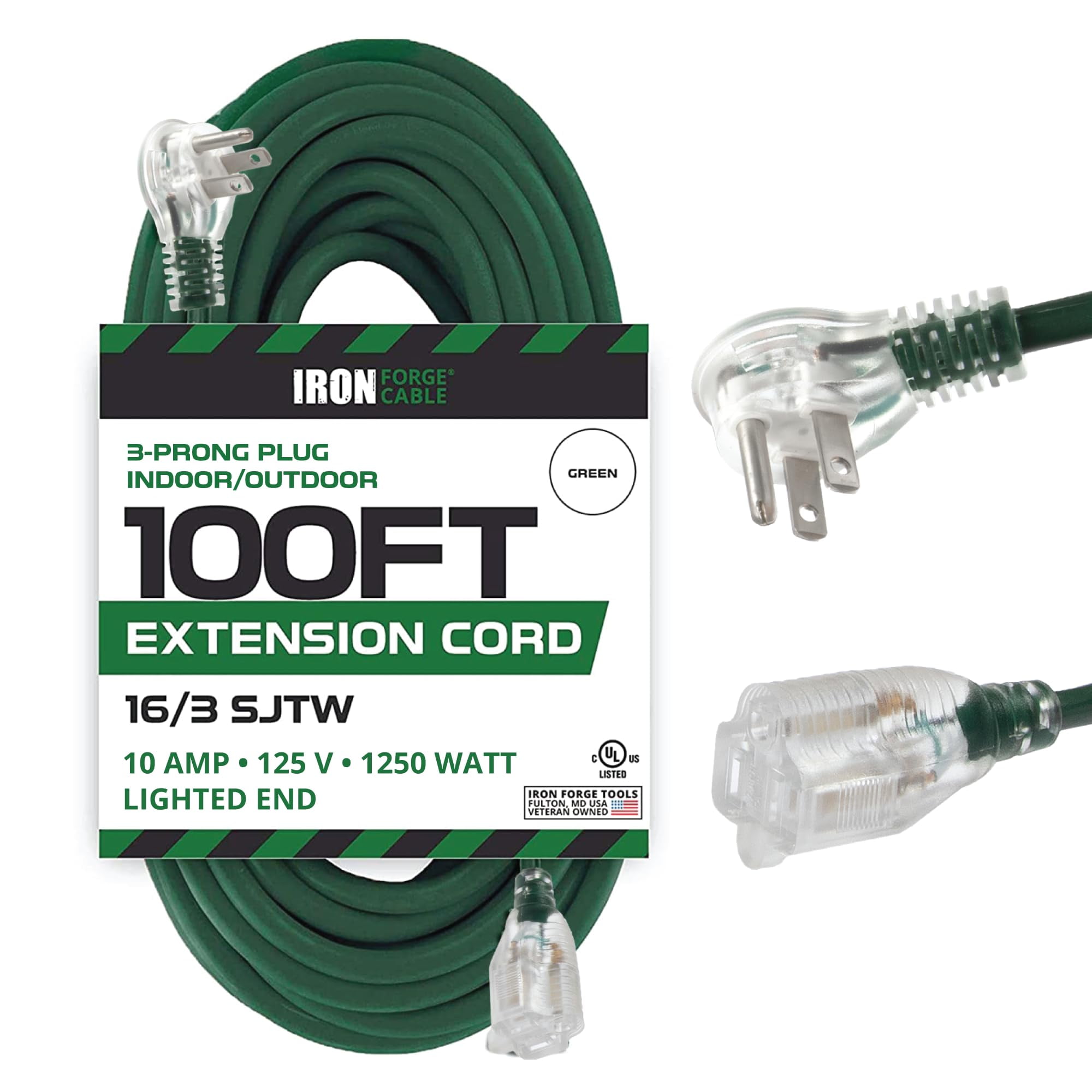 Iron Forge Cable Weatherproof 100 Ft Outdoor Flat Plug Extension Cord - 16/3 SJTW 10 Amp Heavy Duty Green Extension Cord 3 Prong - Lighted End