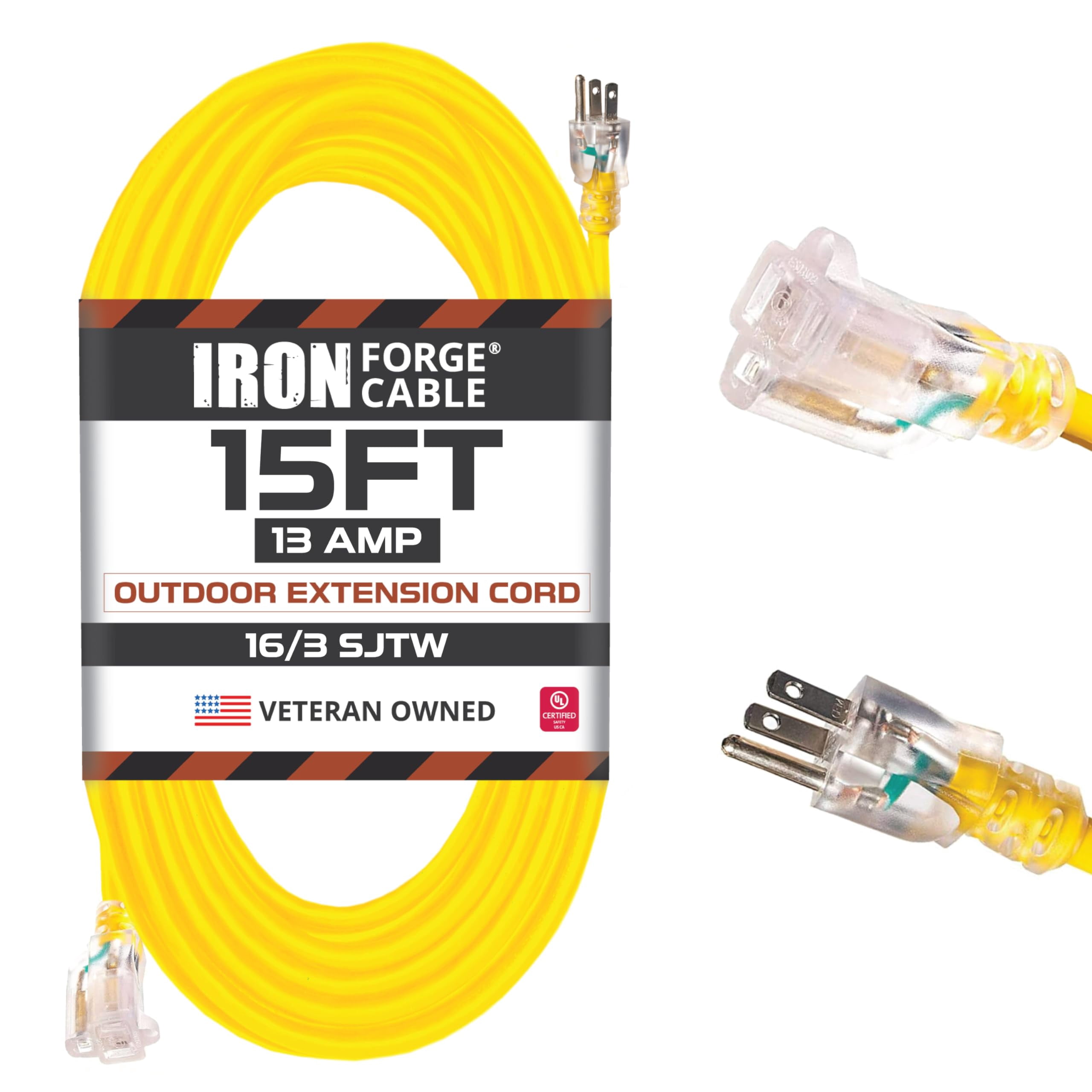 Iron Forge Cable Weatherproof 15 Ft Outdoor Extension Cord - 16/3 SJTW 13 Amp Heavy Duty Highly Visible Yellow Extension Cord 3 Prong - Lighted End