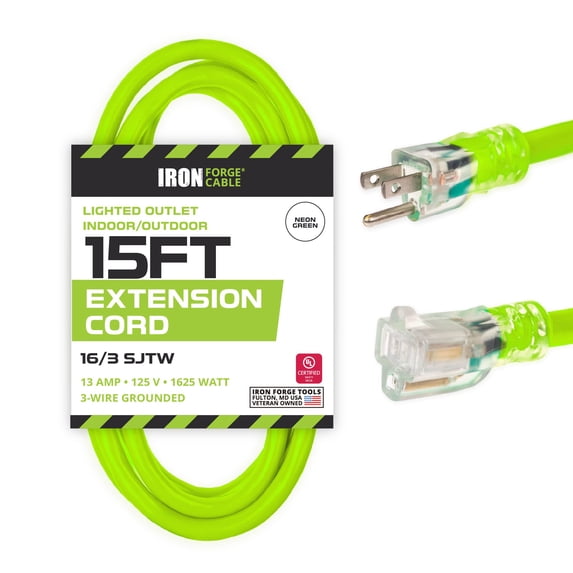 Iron Forge Cable Weatherproof 15 Ft Outdoor Extension Cord - 16/3 SJTW 13 Amp Heavy Duty Neon Green High Visibility Cable with 3 Prong - Lighted End