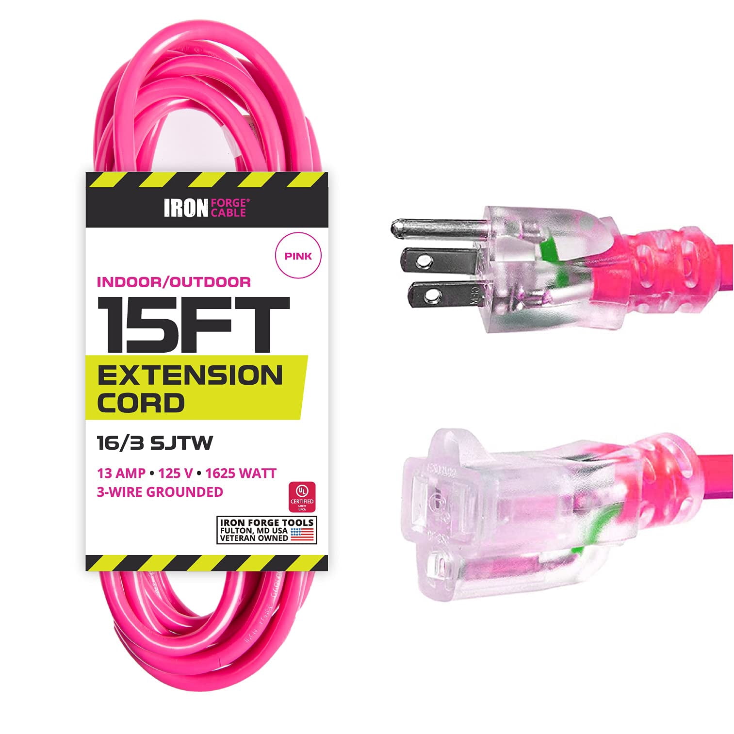 Iron Forge Cable Weatherproof 15 Ft Outdoor Extension Cord - 16/3 SJTW 13 Amp Heavy Duty Neon Pink Extension Cord 3 Prong - Lighted End