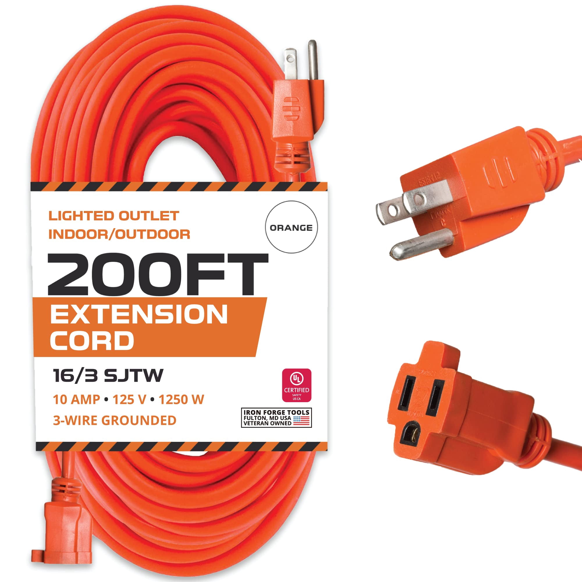 Iron Forge Cable Weatherproof 200 Ft Outdoor Extension Cord - 16/3 SJTW 10 Amp Heavy Duty Highly Visible Orange Extension Cord 3 Prong - Lighted End