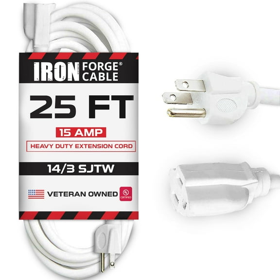 Iron Forge Cable Weatherproof 25 Ft Outdoor Extension Cord - 14/3 SJTW Heavy Duty White Extension Cord 3 Prong - 15 Amp Exterior Power Cable