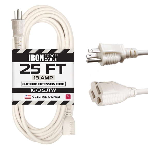 Iron Forge Cable Weatherproof 25 Ft Outdoor Extension Cord - 16/3 SJTW Heavy Duty Gray Extension Cord 3 Prong - 13 Amp Exterior Power Cable
