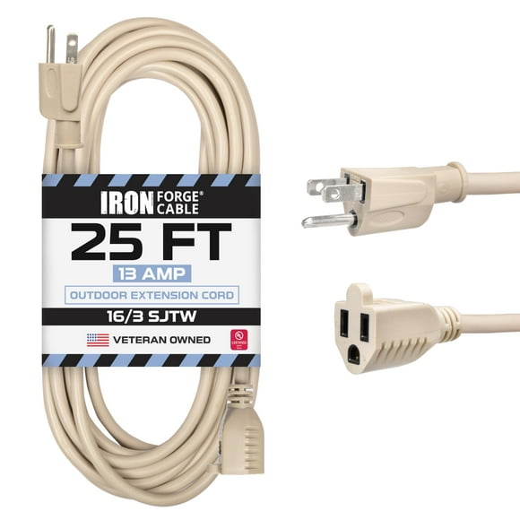 Iron Forge Cable Weatherproof 25 Ft Outdoor Extension Cord - 16/3 SJTW Heavy Duty Light Brown Extension Cord 3 Prong - 13 Amp Exterior Power Cable