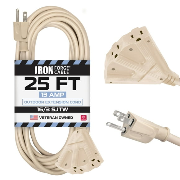 Iron Forge Cable Weatherproof 25 Ft Outdoor Extension Cord - 3 Outlet 16/3 SJTW Heavy Duty Light Brown Extension Cord 3 Prong - 13 Amp Power Cable