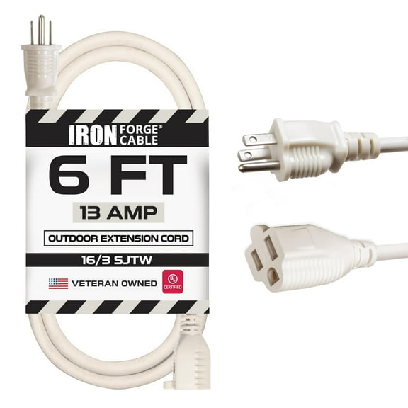 Iron Forge Cable Weatherproof 6 Ft Outdoor Extension Cord - 16/3 SJTW Heavy Duty Beige Extension Cord 3 Prong - 13 Amp Exterior Power Cable