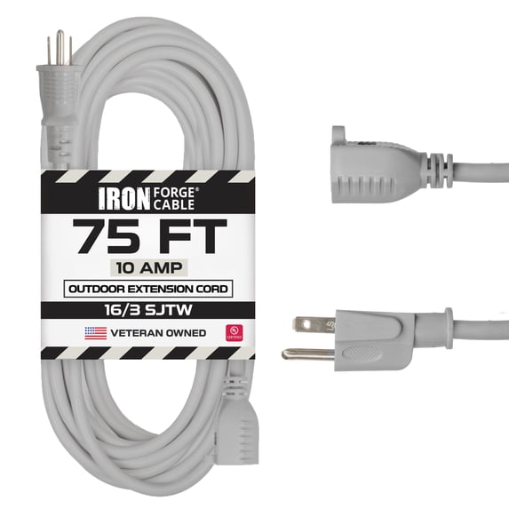 Iron Forge Cable Gray Outdoor Extension Cord 75 ft, 16/3 SJTW 75 Foot Grey 3 Prong Extension Cord Outdoor & Indoor, Weatherproof 10 Amp Heavy Duty Power Cable