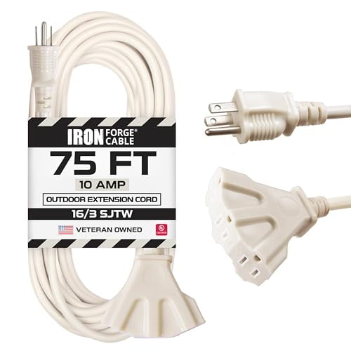 Iron Forge Cable Weatherproof 75 Ft Outdoor Extension Cord with 3 Outlets - 16/3 SJTW Heavy Duty Beige Extension Cord 3 Prong - 10 Amp Power Cable