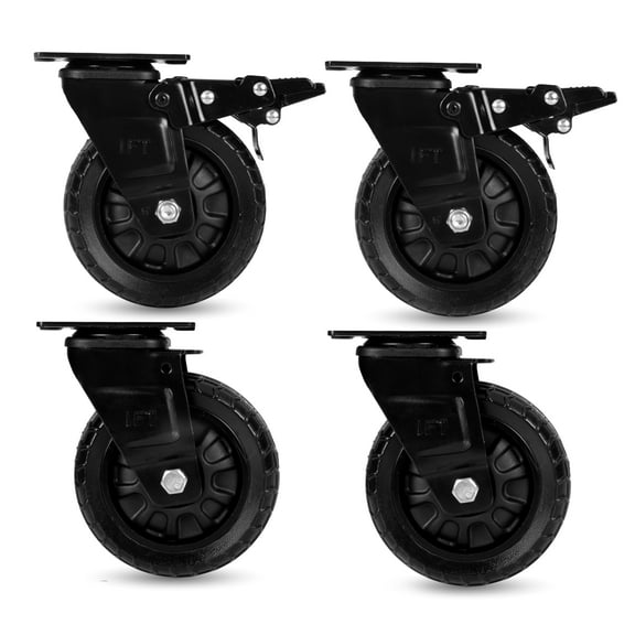 Iron Forge Tools Heavy Duty Swivel Knobby Caster, 6" Height, 5" Diameter, Set of 4 Flat-Free Solid PU Knobby Tread Caster Wheels, with Swiveling Bases, Two Casters with Brakes and Two Without