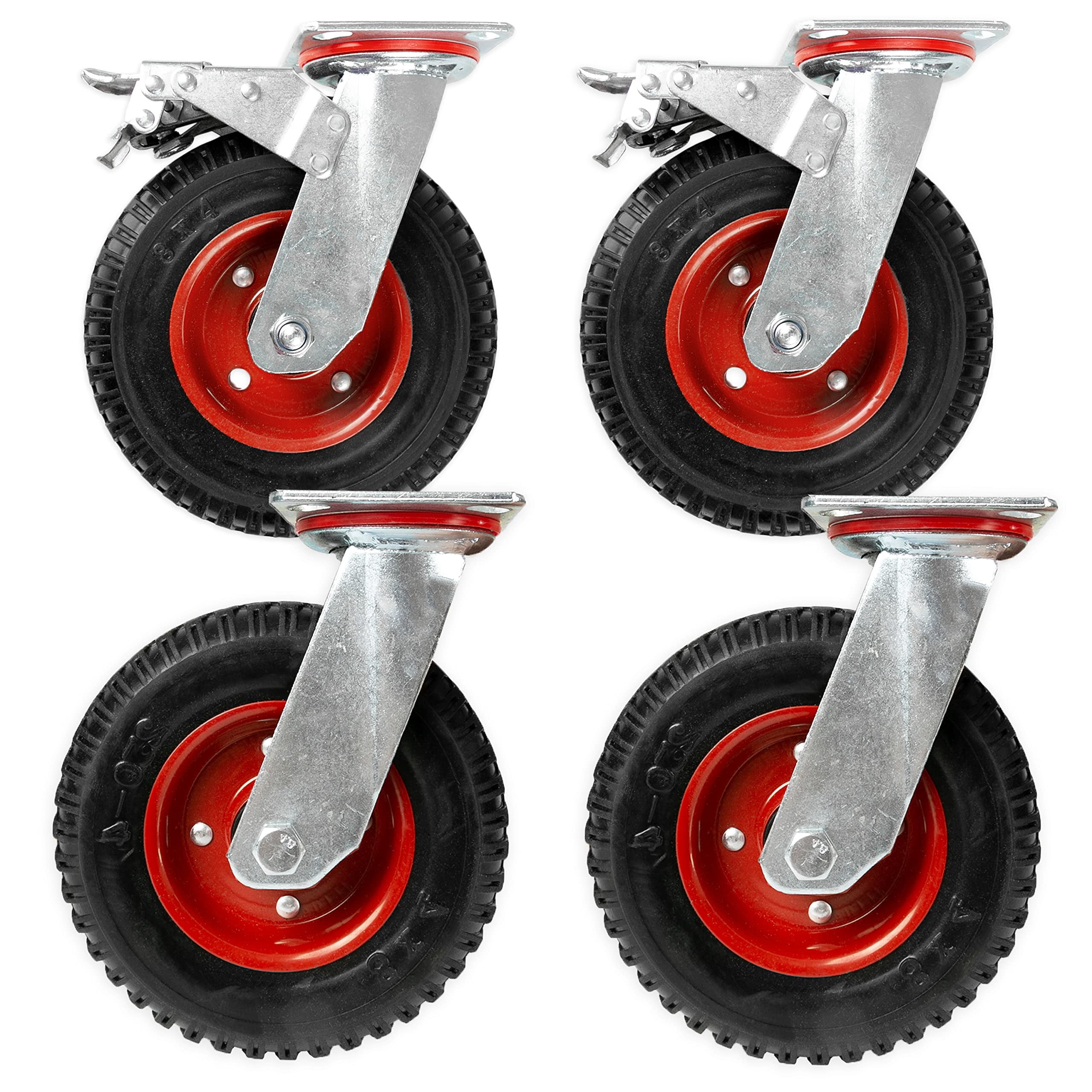Iron Forge Tools Heavy Duty Swivel Knobby Caster, 7-7/8" Diameter, Set of 4 Flat-Free Solid Rubber Knobby Tread Caster Wheels, with Swiveling Bases, Two Casters with Brakes and Two Without
