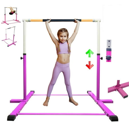 Iron Form Gymnastics Bar Horizontal Kip Bar for Gymnasts Junior Training Expandable Height, Heavy Duty Jungle Gym Exercise Bar for Children and Adults, Adjustable Height 3 to 5 FT Gymnastic Bar, PINK