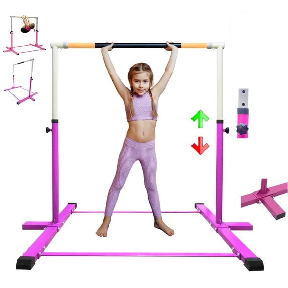 Iron Form Gymnastics Bar Horizontal Kip Bar for Gymnasts Junior Training Expandable Height, Heavy Duty Jungle Gym Exercise Bar for Children and Adults, Adjustable Height 3 to 5 FT Gymnastic Bar, PINK