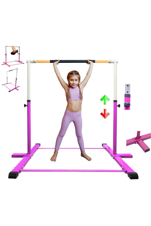 Gymnastics Bar Horizontal Kip Bar for Gymnasts Junior Training Expandable Height, Heavy Duty Jungle Gym Exercise Bar for Children and Adults, Adjustable Height 3 to 5 FT Gymnastic Bar, PINK
