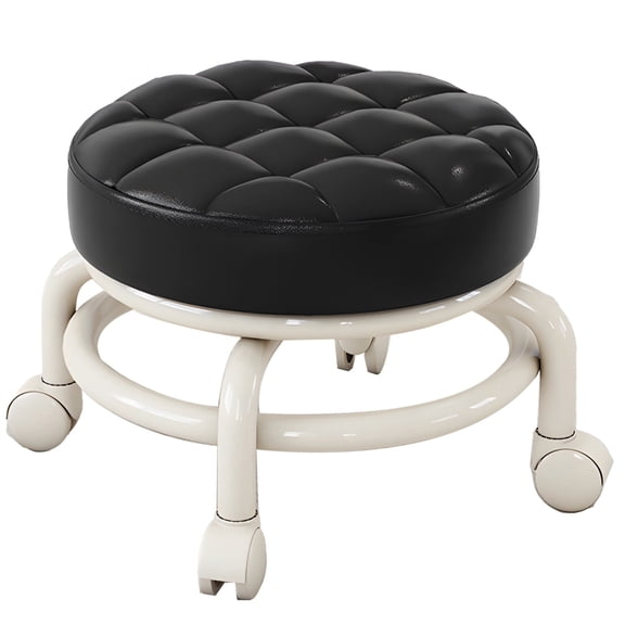 Iron Frame Swivel Pedicure Stool, Adjustable Height Small Rolling Stool for Nail Techs, Salon Hair Stylist Chair with 360 Rotation, Black Leather Cushion with Silent Wheels