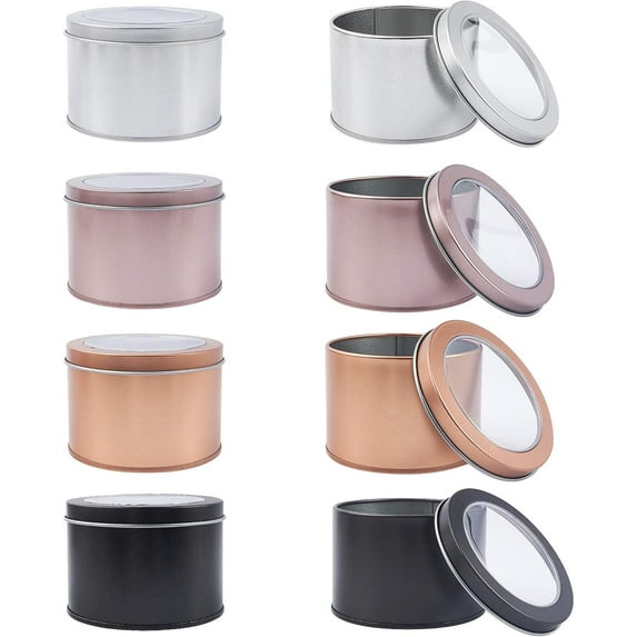 Iron Frosted Storage Jar with PVC Clear Window Cylinder Sealed Cans for Cupcake Tea Candles Column Mixed Color 90x60mm Inner Diameter: 82mm Clear Window: 68mm 4 colors 2pcs/color 8pcs/set