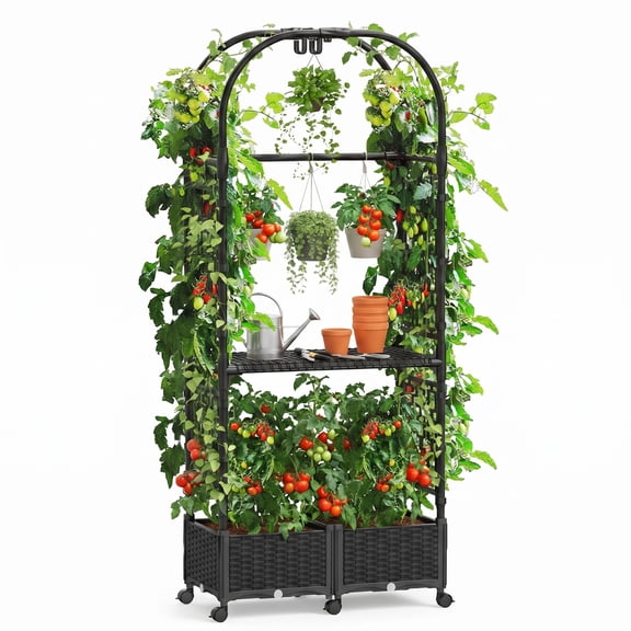 Arch Trellis Planter Box, Adjustable Shape Plant Stand with Wheels and Storage Shelf for Outdoor Climbing Plants, Vegetables & Flowers