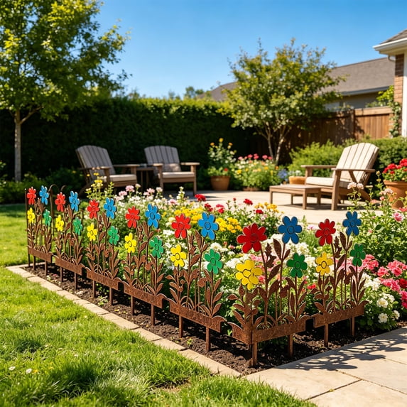 Iron Garden Fence Barrier - Pet Proof Digging Fence for Dogs Cats Rabbits - Rustproof Metal Landscape Border with Ground Spikes - Outdoor Yard Lawn Decorative Enclosure Panels for Flower Beds