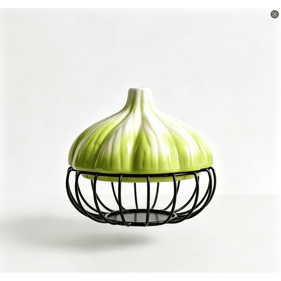 Iron Garlic and Ginger Storage Basket, Small Hollow Ventilated Decorative Egg Holder with Green Base and Black Mesh, Kitchen Countertop Organizer for Fresh Produce